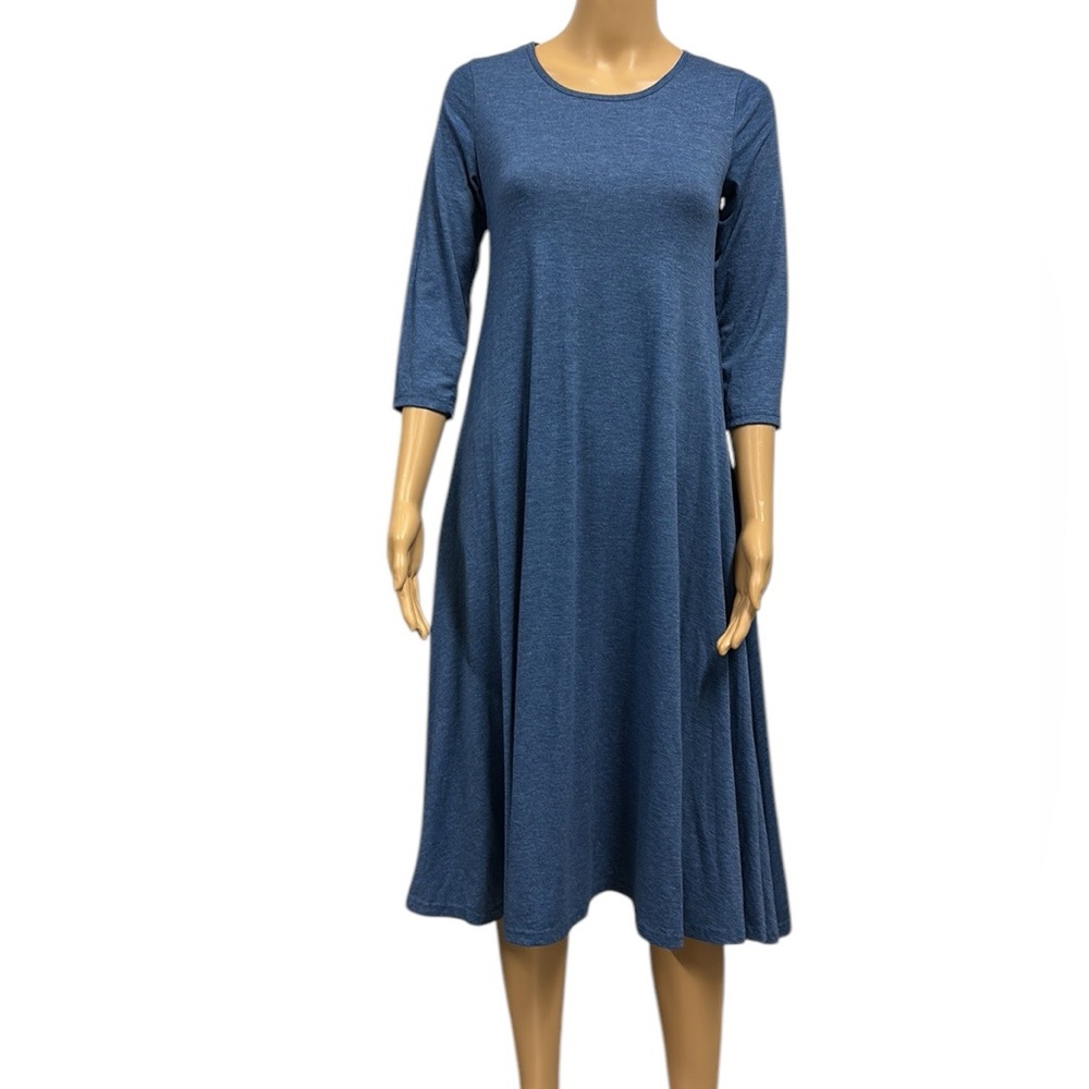 Sign Here Heather Blue 3 Quarter Sleeve 2 Pocket Swing Midi Dress Womens Small